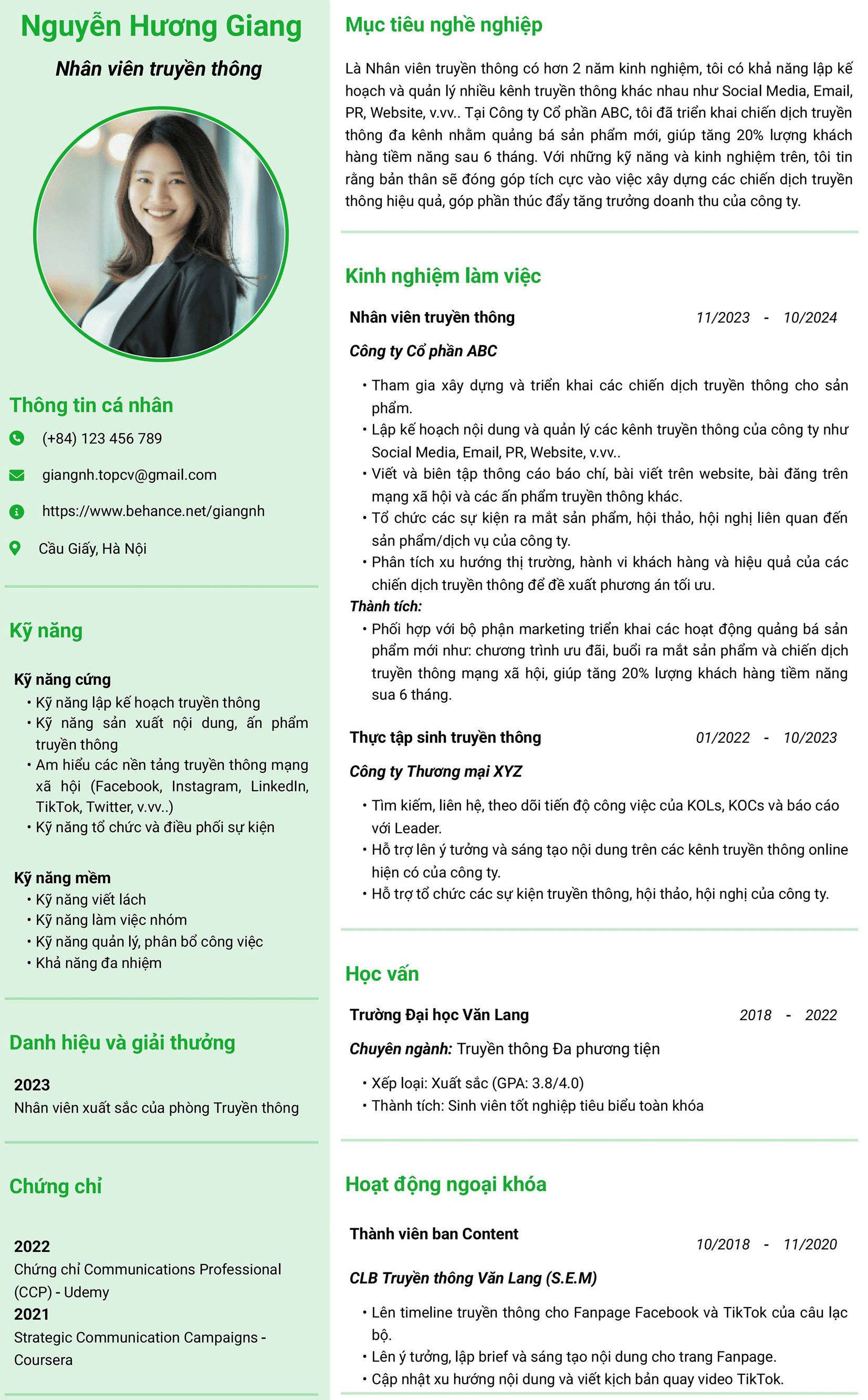 Mẫu CV Nhân viên truyền thông